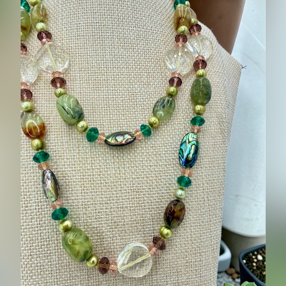 One Of A Kind Artisan Abalone Moss Agate Quartz Pearl 40” Necklace 925 Gemstone - Picture 11 of 17
